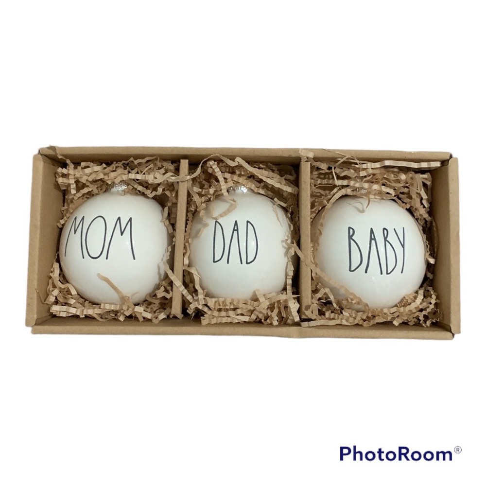New in Box Rae Dunn Ceramic Ornaments Mom Dad Baby